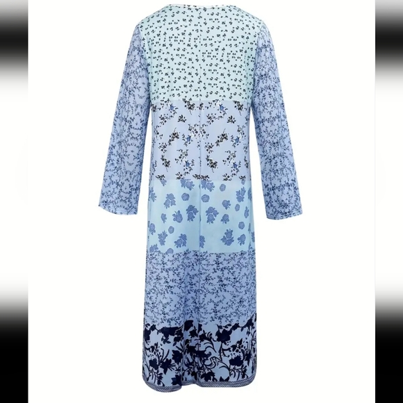 Romantic boho baby blue mixed print baby doll multi tiered midi dress size large - Picture 3 of 4